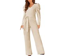 Jumpsuit Damen Elegant Kurzarm Lang Overall Hosenanzug V-Ausschnitt Casual Lose Playsuit Romper Langarm Playsuits mit Gürtel Damen Elegant Jumpsuit Overall Hosenanzug Playsuit Romper (Beige, L)