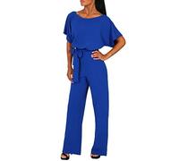 Jumpsuit Damen Elegant Lang Overall Hosenanzug Kurzarm Rundhals Playsuit mit Gürtel Sommer Hohe Taille Weites Bein Romper Einfarbig Festlich Jumpsuits Hochzeit Party Overalls Hosenanzüge