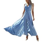 Jumpsuit Damen Elegant Lang Sommerjumpsuits Tiefer V-Ausschnitt Hosenanzug Damen Ärmellos Weites Bein Jumpsuits Festlich Luftig Overall Hose Damen Einfarbig Elegante Playsuit Sommer Lose (Blue, XL)