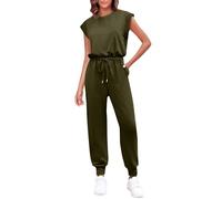 Jumpsuit Damen Elegant Sommer Ärmellos Rundhals Overall mit Kordelzug Gürtel Weites Bein Romper mit Taillenschnürung Beiläufig Lose Lang Strampelanzüge Freizeit Romper Jumpsuit Playsuits für Frauen