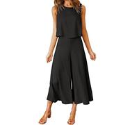Jumpsuit Damen Elegant Zweiteiler Outfit Sommer Ärmelloses Tank Top Und Weite Beinhose Trainingsanzug Baumwolle Leinen Hosenanzug Mit Taschen Festlich Anzug Leicht Einfarbig Loungewear