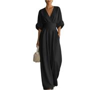 Jumpsuit Damen Hochzeit Jumpsuits für Damen Party Outfit Elegant Sommerlich mit Ärmel V Ausschnitt Schicker Taillierter Playsuit Taschen Breite Romper Business 3XL Black