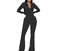 Jumpsuit Damen Jeans - Herbst Damen Büro Strampler Schlaghose Reißverschluss Langarm Umlegekragen Plus Größe Frauen Overalls Sexy Sommer Hosen