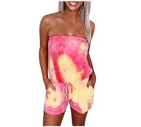 Jumpsuit Damen Kurz Einteiler-Hosen Mit Gürtel mit Taschen Bandeau Overall Sommer Trägerloser Playsuit Eleganter Romper Batik Jumpsuits Onesie Sportanzug Bunt Strandanzug