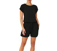 Jumpsuit Damen Kurz - Kurzarm Sommer Overall Einfarbig Stretch Playsuit Mit Taschen Locker Hausanzug Rundhals Hosenanzug Einteiler Onesie Schlafanzug Pyjama Set Strand Romper Für Urlaub Reisen