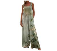 Jumpsuit Damen Lang Blumen Bedruckt Verstellbarer Riemen Weites Bein Trägerhose Leinen Jumspuit Mit Taschen Spaghetti Overall Ärmellos Hosenanzug Racerback Strampler Basic Playsuit Elegant Romper