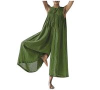 Jumpsuit Damen Lang Rundhals Ärmellos Baumwoll Leinen Jumpsuit Weite Bein Latzhose Mit Taschen Lose Sommer Overall Elegant Atmungsaktiv Leinenhose Latzhose Damen Oversize Jumpsuit Große Größen