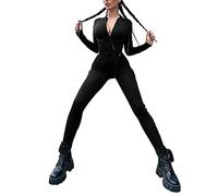 Jumpsuit Damen Schwarz - Langer enger Overall für Damen, langärmliger Sportoverall mit Reißverschluss, Playsuits, sportlicher Strampler, Jogginganzug, Slim Fit, Yoga-Fitness-Overall Jumpsuit