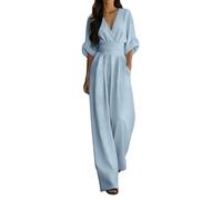 Jumpsuit Damen Sommer Elegant Mit Ärmel Overall Festlich Lang Tailliert Hosenanzug Hochzeitsgast Weites Bein Jumpsuits V Ausschnitt Buisness Romper Frauen Halbarm mit Tasche Sommer Jumpsuit Blau