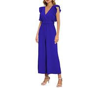 Jumpsuit Damen Sommer Elegant Playsuit Ärmellos Volant Hosenanzug Damen Tiefer V-Ausschnitt Einfarbig Sommerjumpsuits Festlich Hochzeit Jumpsuits Damen Lang Rüschen Romper Weites Bein (Blue, XXL)