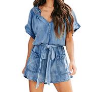 jumpsuit damen sommer kurz Kurzarm jeans einfarbig Jumpsuit Overall Elegant Mode Gestreift Musselin Curvy Bunt Leinen Travel Sommerjumpsuits Hosenkleid Freizeit Baggy Locker Hosenanzug Einteiler
