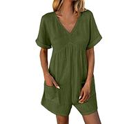Jumpsuit Damen Sommer kurz Kurzarm Romper Onesie Mode Leinen Blumen Travel Eleganter Locker Strand Musselin Hosenanzug Sommerjumpsuits Gestreift Festlich Only Esprit Einteiler Hosenkleid