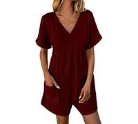 Jumpsuit Damen Sommer Kurz, Overall Elegant Festlich Playsuit Einteiler Kostüm Sexy Festival Outfit Einfarbig Weites Bein Romper Hosenanzug Business mit Ärmeln Vintage Jumpsuit für Büro Outfit Frauen