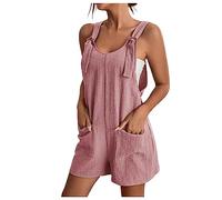 Jumpsuit Damen Sommer,Kurz Playsuit Baumwolle Leinen Latzhose Ärmellos Lässige Trägerhose Elegant Leicht Einteiler Shorts Einfarbig Mode Arbeitshose mit Taschen Playsuit Sport Romper Hosenanzug