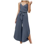 Jumpsuit Damen Sommer Lang: Sexy Cocktail Elegant Mode Gürtel Overall Hochzeit Hawaii Urlaub Strand V-Ausschnitt Hosenanzug Business Baggy Festlich Rüschen Spaghettiträger Outfit Grau-blau XL