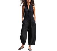 Jumpsuit Damen Sommer V-Ausschnitt Stehkragen Ärmellos Knopfleiste Overall Weites Bein Taschen Playsuit Hosenanzug Schlicht Romper