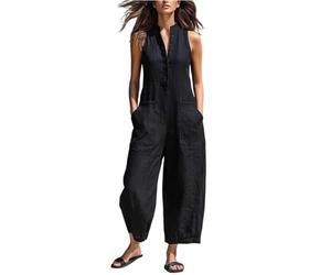 Jumpsuit Damen Sommer V-Ausschnitt Stehkragen Ärmellos Knopfleiste Overall Weites Bein Taschen Playsuit Hosenanzug Schlicht Romper