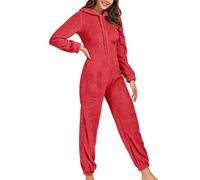 Jumpsuit Damen Teddy Fleece Einteiler Overall Anzug Flauschig Schlafanzug Winter Warm Onesie Plüsch Kuschelig Overall Hausanzug Lang Schlafoverall Weich Pyjama Schlafanzug mit Kapuze Plüsch Overalls