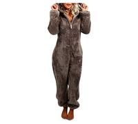 Jumpsuit Damen Winter Warm Overall Teddy Fleece Einteiler Onesie Schlafanzug Kuschelig Lang Pyjama Flauschig Weich Hausanzug Einfarbig Schlafoverall mit Kapuze Reißverschluss Homewear