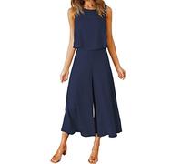 Jumpsuit Damen Zweiteiler Sommer Elegant 2-Teiliges Outfit Festlich Hochzeit Hosenanzug Mit Ärmellos Rundhals Tanktop Gekürzte Weite Beinhose Overall,02 Marine,XXL