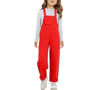 Jumpsuit Jeans Mädchen Süß Bunt Weite Beine Lang Overll Kinder Girls Lässig Baggy Bequem Einfarbig Regenbogen Einteiler Träger Latzhose mit Taschen Sommer Blaue Overalls (Red, 11-12 Years)