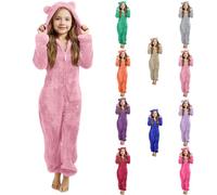Jumpsuit Kinder Mädchen Winter Einteiler Teddy Fleece Overall Warm Plüsch Onesie Schlafoverall Pyjama mit Reißverschluss Ganzkörperanzug Hausanzug mit Bärenohren Kapuze(Lichtrosa, 7-8 Jahre)