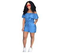 Jumpsuit Kurz Damen ommer Damen-Jeans-Overall, sexy schulterfrei, Rüschen, Lange Hosen, Strampler, lässige Jeans Jeanslatzhose Damen (B, L)