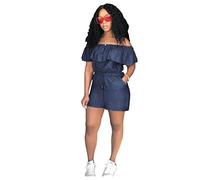 Jumpsuit Kurz Damen ommer Damen-Jeans-Overall, sexy schulterfrei, Rüschen, Lange Hosen, Strampler, lässige Jeans Jeanslatzhose Damen (A, XXXL)
