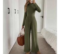 Jumpsuit mit hohem Kragen, schräger Tasche, taillierter Taille, Langarm und weitem Bein, gerippter strukturierter Stoff, lässig-elegante Büromode, Her