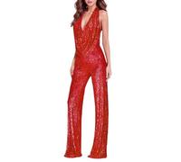 Jumpsuit rot Damen elegant Pailletten, Glitzer Jumpsuit Damen Lang V-Ausschnitt Bodycon Romper Ärmellos Hohe Taille Hosenanzug Pailletten Party Playsuits Clubwear Elegant Strampler Sexy, Rot, L