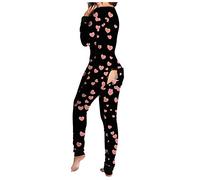 Jumpsuit Schlafanzug Damen Sexy Butt Button Back Flap Pyjama Onesie Einteiler Homewear -Overall mit Po-Klappe Herbst Winter Hausanzug mit Langen äRmeln Und Langen Nachtwäsche mit Geknöpfter Klappe