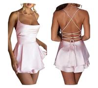 Jumpsuit Sommerkleid Damen Rückenfreies Rüschen Satin Cami Kleid Sexy Kleider Minikleid Kurz Spaghetti Strap Minikleid Trägerkleid Strampler Damen,02 Rosa,M