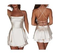 Jumpsuit Sommerkleid Damen Rückenfreies Rüschen Satin Cami Kleid Sexy Kleider Minikleid Kurz Spaghetti Strap Minikleid Trägerkleid Strampler Damen,01 Weiss,S