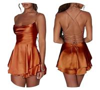 Jumpsuit Sommerkleid Damen Rückenfreies Rüschen Satin Cami Kleid Sexy Kleider Minikleid Kurz Spaghetti Strap Minikleid Trägerkleid Strampler Damen,06 Braun,M