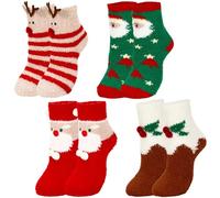 JUNEBRUSHS Weihnachtssocken, 4 Paar Weihnachten Socken Flauschige Weihnachts Socks Baumwolle Weihnachtssocken Warm Winter Socken Christmas Socks für Kinder Damen Herren