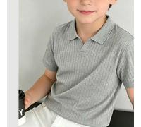 Jungen geripptes Strick Kurzarm Poloshirt, Kerbenkragen, weiches elastisches tägliches Sommer Kinder Basic T-Shirt