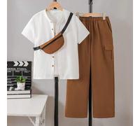 Jungen Lässig Mode Minimalistisch Vielseitig Kurzarm Hemd Und Cargo Lange Hose + Umhängetasche 2-Teiler Set, Lockerer Schnitt Bequem, Geeignet Für Täg