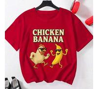 Jungen Oversize Strick T-Shirt mit Hühner- und Bananen-Grafik, rotes lässiges und bequemes Shirt für Jungen, geeignet für Alltag, Schule, Ausflüge, Sp