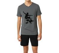 Jungen Schlafanzug kurz Skater, aus 100% Baumwolle, mit graphit farbener Oberteil mit Skater Motiv und schwarzer Hose in Bermuda Form