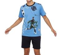 Jungen Schlafanzug kurz, weicher Single-Jersey aus 100% Baumwolle und Hose in Bermuda Form - mit Fussball Motiv Play Loud, in blau Grösse 152