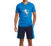 Jungen Schlafanzug kurz, weicher Single-Jersey aus 100% Baumwolle und Hose in Bermuda Form, mit Fussball Motiv, in der Farbe blau (DE/NL/SE/PL, Numerisch, 176, Regular)