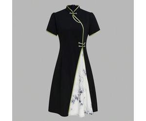 Junger Stil verbessertes chinesisches Cheongsam/Qipao Kleid mit kurzen Ärmeln, Schwarz, Sommer
