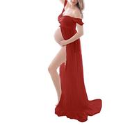 Jungerhouse Schwangerschaftskleid Umstandskleid Elegant Fotoshooting Kleid Damen Schwangerschafts Kleid Schulterfreies Mutterschaft Chiffonkleid Maxikleid (S,Rot)