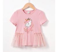 Junges Mädchens Rundhals Kurzarm T-shirt Mit Tiermuster & Mesh-stoff Saum