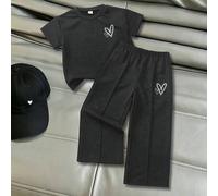 Jungmädchen Lässig Gewaschenes Anthrazit Schwarz Herz Muster Mittlerer Ärmel Sweatshirt & Jogginghose 2-teiliges Set, Perfekt für Lässig, Alltag, Herb