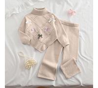 Jungmädchen Pullover Set Lässig Mode Süß Blau mit Blumen und Schleife spitzem Saum hoher Kragen Strickpullover + Strickhose mit weitem Bein 2-teiliges