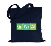 JUNIWORDS Jutebeutel - Periodensystem Worte - Wähle ein Motiv & Farbe - "Genial" Farbe: Marine Blau