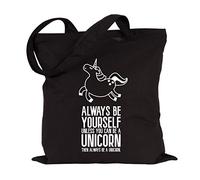 JUNIWORDS Jutebeutel, Wähle ein Motiv & Farbe, Always be yourself, unless you can be a unicorn, then always be a unicorn (Beutel: Schwarz, Text: Weiß)