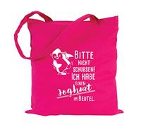 JUNIWORDS Jutebeutel, Wähle ein Motiv & Farbe, Bitte nicht schubsen! (Pinguin) Ich habe einen Joghurt im Beutel (Beutel: Pink, Text: Weiß)