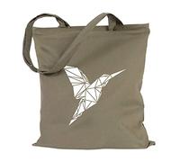 JUNIWORDS Jutebeutel - Wähle ein Motiv & Farbe - "Origami Kolibri" (Beutel: Khaki, Motiv: Weiß)